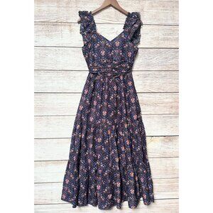 Caroline Constas Midi Dress XS Multicolor Floral Paisley Ruffle Strap Smoked